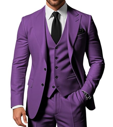 SPTALLFITJSV Herren 3-teiliger Anzug Slim Fit Peak Lapel 2-Knopf Blazer Jacke Weste Hose Set Hochzeit Business Abiball Party Anzug, Violett, M von SPTALLFITJSV