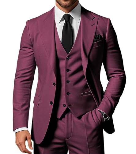 SPTALLFITJSV Herren 3-teiliger Anzug Slim Fit Peak Lapel 2-Knopf Blazer Jacke Weste Hose Set Hochzeit Business Abiball Party Anzug, Weinrot, M SPTALLFITJSV Herren 3-teiliger Anzug Slim Fit Peak Lapel 2-Knopf Blazer Jacke Weste Hose Set Hochzeit Business Abiball Party Anzug, Weinrot, M von SPTALLFITJSV
