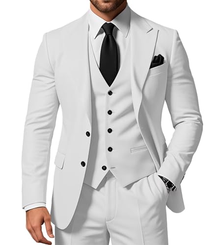 SPTALLFITJSV Herren 3-teiliger Anzug Slim Fit Peak Lapel 2-Knopf Blazer Jacke Weste Hose Set Hochzeit Business Abiball Party Anzug, Weiss/opulenter Garten, 6XL von SPTALLFITJSV
