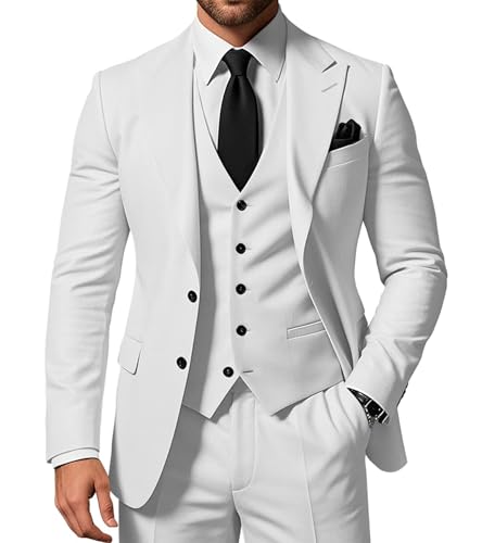 SPTALLFITJSV Herren 3-teiliger Anzug Slim Fit Peak Lapel 2-Knopf Blazer Jacke Weste Hose Set Hochzeit Business Abiball Party Anzug, Weiss/opulenter Garten, L SPTALLFITJSV Herren 3-teiliger Anzug Slim Fit Peak Lapel 2-Knopf Blazer Jacke Weste Hose Set Hochzeit Business Abiball Party Anzug, Weiss/opulenter Garten, L von SPTALLFITJSV