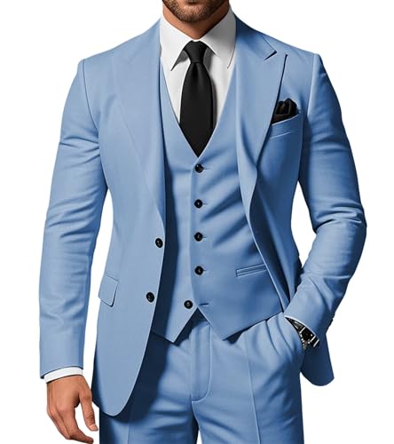 SPTALLFITJSV Herren 3-teiliger Anzug Slim Fit Peak Lapel 2-Knopf Blazer Jacke Weste Hose Set Hochzeit Business Abiball Party Anzug, dusty blue, XS von SPTALLFITJSV