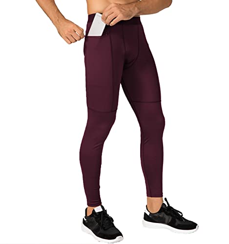 Herren Cool Dry Kompressionshose - Active Workout Leggings Gym Strumpfhose Tasche - Sporthose zum Laufen Yoga Basketball, B # Weinrot (Reißverschlusstasche), Mittel von SPVISE