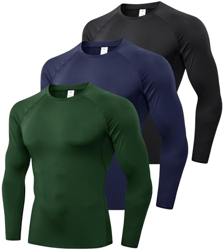 SPVISE 1 oder 3 Pack Herren Kompressions-Shirts Langarm Workout Gym T-Shirt Running Top Cool Dry Sport Baselayer Unterhemden, Marine+Schwarz+Dunkelgrün, Mittel von SPVISE