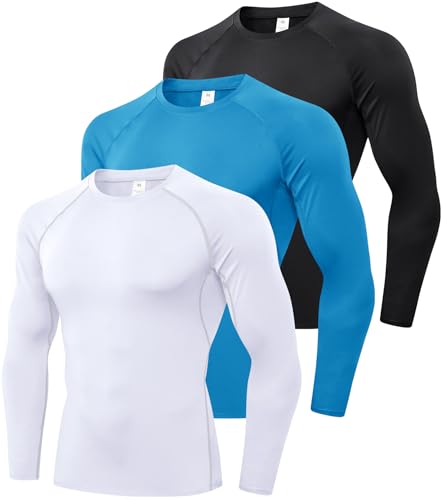 SPVISE 1 oder 3 Pack Herren Kompressions-Shirts Langarm Workout Gym T-Shirt Running Top Cool Dry Sport Baselayer Unterhemden, Schwarz+Weiß+Blau, L von SPVISE