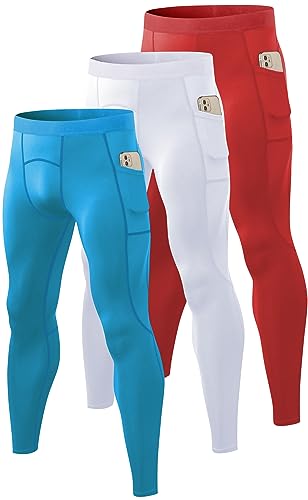 SPVISE Herren Kompressionshose Leggings Strumpfhose mit Taschen Cool Dry Sport Baselayer Athletic Tights für Basketball Laufen, 3 Stück - Weiß/Blau/Rot, Groß von SPVISE