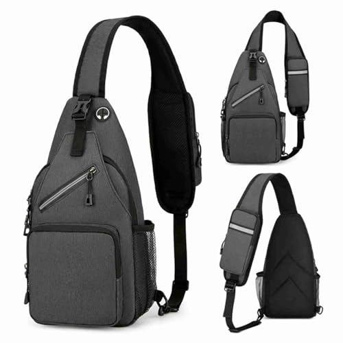 SPYMINNPOO Sling -Bag Bag Umhängetasche mit Kopfhörerloch und Reflektierender Streifen für Outdoor -Reise Wanderung Dunkelgrau Hellgrau Dunkelblau Schwarz (Darkgray) von SPYMINNPOO