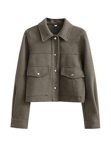 Kurze Shacket-Fleecejacke Für Damen Kurzer Trenchcoat Einreihige Langärmelige Bomberjacke Modischer Solider Mantel Aus Wollmischung Herbst-Winter-Flanellbluse Oberbekleidung Grau L von SPann