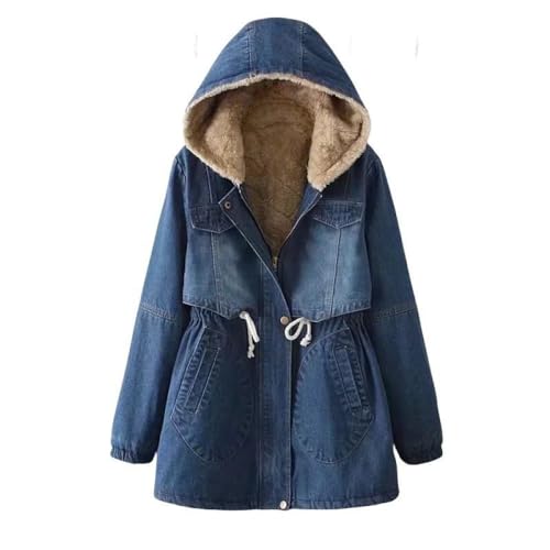 Sherpa-Gefütterte Jeansjacke Für Damen Lang Damen-Jeansjacke Mit Kapuze Und Reißverschluss Kordelzug Used-Look Gewaschener Jeansmantel Verdickter Warmer Mit Fleece Gefütterter Parka-Jacke Outdoo von SPann