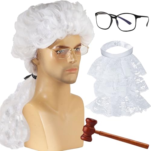 SQAQS 4Pcs Richter Kostüm Zubehör, Unisex Erwachsene Richter Kostüm, Richter Holz Hammer und Schwarze Brille, Perücken mit Zopf, Richter Bluse Kragen, Cosplay-Perücke, für Rechtsanwälte(Männlich) von SQAQS