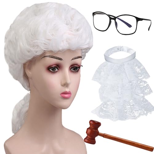 SQAQS 4Pcs Richter Kostüm Zubehör, Unisex Erwachsene Richter Kostüm, Richter Holz Hammer und Schwarze Brille, Perücken mit Zopf, Richter Bluse Kragen, Cosplay-Perücke, für Rechtsanwälte(Weiblich) von SQAQS