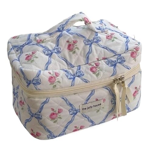 Makeup Bag Niedliche Schleife Blume Quilten Baumwolle Make-Up Tasche Frauen Reißverschluss Kosmetische Veranstalter Weibliche Tuch Handtasche Tragbare Toilettenartikel Make Up Bag(Blue-A) von SQIANKUN