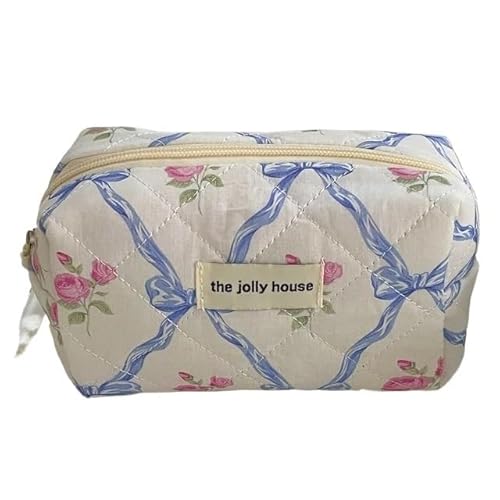 Makeup Bag Niedliche Schleife Blumen Quilten Baumwolle Make-Up Tasche Frauen Reißverschluss Kosmetische Veranstalter Tuch Handtasche Tragbare Fall for Mädchen Make Up Bag(Blue-Octagonal Bag) von SQIANKUN