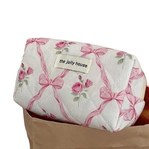 Makeup Bag Niedliche Schleife Blumen Quilten Baumwolle Make-Up Tasche Frauen Reißverschluss Kosmetische Veranstalter Tuch Handtasche Tragbare Fall for Mädchen Make Up Bag(Pink-Octagonal Bag) von SQIANKUN