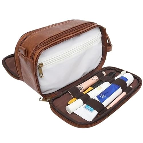 Makeup Bag wasserdichte Vintage Männer Kulturbeutel Reise Waschen Fall Beutel Rasieren Bad PU Make-Up Veranstalter Kosmetiktasche Make Up Bag(Brown) von SQIANKUN