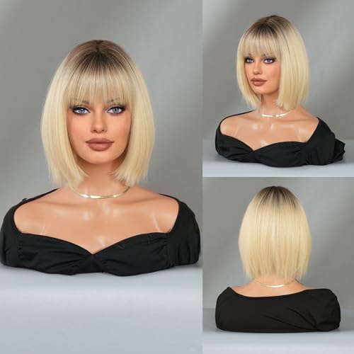 Bob-Perücke Mit Pony,12 Zoll Glattes Haar Klebefreier Kurzer Bob-Perücke Für Damen,180% Dichte NatüRliche Hitzebeständige Faserperücke FüR Den Alltag Und Partys(Blonde 1,32cm/12IN) von SQSZJBJMK