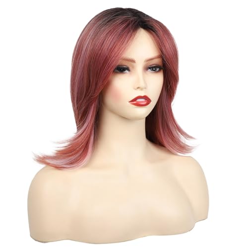 Gestufte Bob-Perücke mit Vorhangpony für Frauen, synthetische, helle Ombré-Highlights, kurz geschnittene, gewellte Perücke zum Abdecken von weißem Haarausfall(B) von SQSZJBJMK