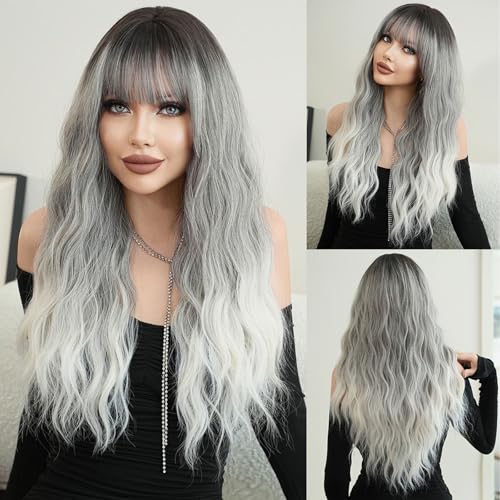 Graue Gewellte Ombre-Perücke für Damen,Natürlich Aussehende,Hitzebeständige Kunstfaserperücke mit Pony für den täglichen Gebrauch bei Partys und Cosplay(Grey,65cm) von SQSZJBJMK