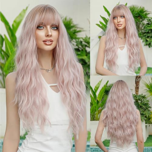 Graue Gewellte Ombre-Perücke für Damen,Natürlich Aussehende,Hitzebeständige Kunstfaserperücke mit Pony für den täglichen Gebrauch bei Partys und Cosplay(Pink,65cm) von SQSZJBJMK