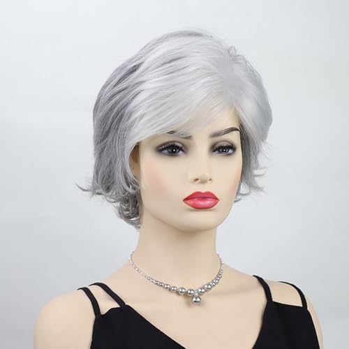 Graue Perücken für weiße Frauen, gestufter Bob, natürlich gewellte Perücke aus Kunsthaar mit Vorhangpony zum Abdecken von weißem Haarausfall von SQSZJBJMK