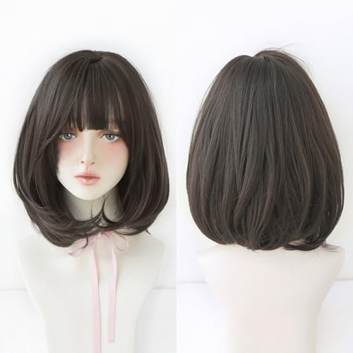 Kurze Bob-Perücke,Glatte Highlights Natürlich Aussehende Perücke Mit Pony Schulterlang Synthetisch Für Damen Für Den Alltag Und Partys(Black 1,40cm/16IN) von SQSZJBJMK