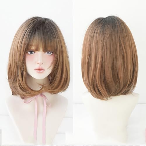 Kurze Bob-Perücke,Glatte Highlights Natürlich Aussehende Perücke Mit Pony Schulterlang Synthetisch Für Damen Für Den Alltag Und Partys(Brown 1,40cm/16IN) von SQSZJBJMK