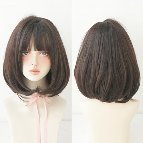 Kurze Bob-Perücke,Glatte Highlights Natürlich Aussehende Perücke Mit Pony Schulterlang Synthetisch Für Damen Für Den Alltag Und Partys(Brown 2,40cm/16IN) von SQSZJBJMK