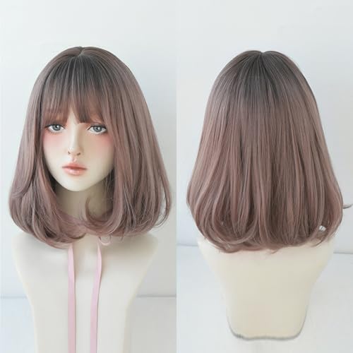 Kurze Bob-Perücke,Glatte Highlights Natürlich Aussehende Perücke Mit Pony Schulterlang Synthetisch Für Damen Für Den Alltag Und Partys(Pink,36cm/14IN) von SQSZJBJMK