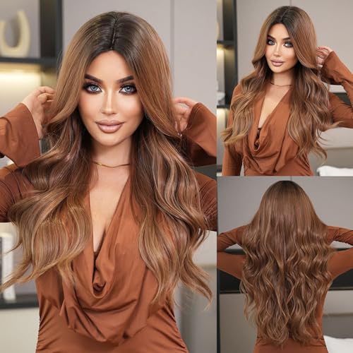 Lange Gewellte Ombre-PerüCken In Braun FüR Frauen Synthetische HitzebestäNdige HaarperüCke 28 Zoll NatüRlich Geschichtete PerüCken FüR Den TäGlichen Gebrauch Bei Partys(Brown,70cm) von SQSZJBJMK