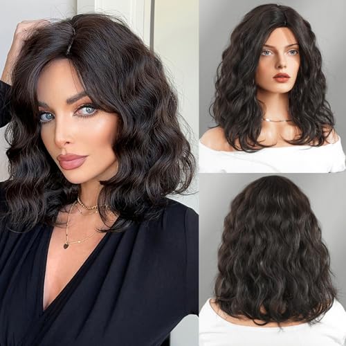 Schwarze Kurze Gewellte Bob-PerüCke, 16 Zoll Synthetische HitzebestäNdige Bob-PerüCken Im Bob-Stil FüR Damen,NatüRlich Aussehende PerüCke FüR Die TäGliche Party(Black,42cm/16IN) von SQSZJBJMK