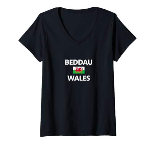 Damen Beddau Wales, walisische Flagge, Stadt T-Shirt mit V-Ausschnitt von SQTRQYBLWJHBSY Creations Co