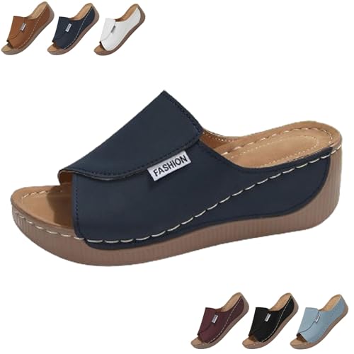 2025 New Comfortable Orthopedic Wedge Sandals for Women, Breathable Summer Solid Color Platform Slip On Walking Sandals with Arch Support (Blue,40) von SQYZRZ