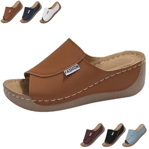 2025 New Comfortable Orthopedic Wedge Sandals for Women, Breathable Summer Solid Color Platform Slip On Walking Sandals with Arch Support (Brown,41) von SQYZRZ
