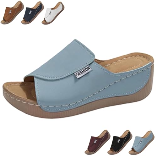 2025 New Comfortable Orthopedic Wedge Sandals for Women, Breathable Summer Solid Color Platform Slip On Walking Sandals with Arch Support (Light Blue,37) von SQYZRZ