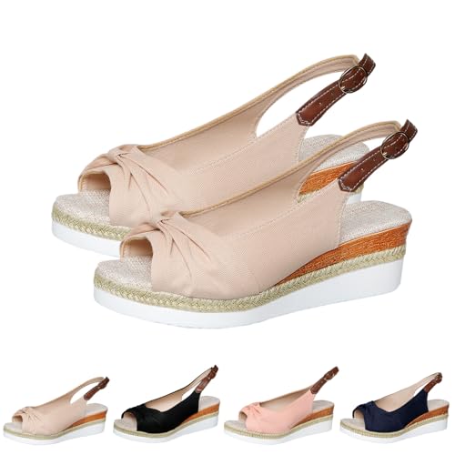 2025 New Orthopedic Platform Wedge Sandals for Women Summer Dressy Bowknot Open Toe Ankle Strap Hemp Rope Sandal Comfortable Beach Slip on Slides (Apricot,38) von SQYZRZ