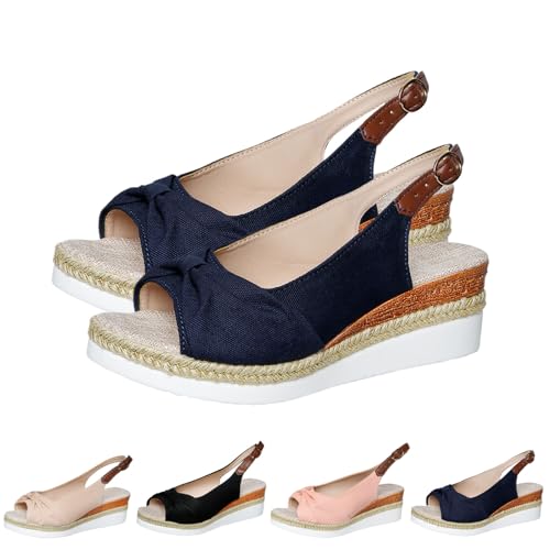 2025 New Orthopedic Platform Wedge Sandals for Women Summer Dressy Bowknot Open Toe Ankle Strap Hemp Rope Sandal Comfortable Beach Slip on Slides (Blue,41) von SQYZRZ