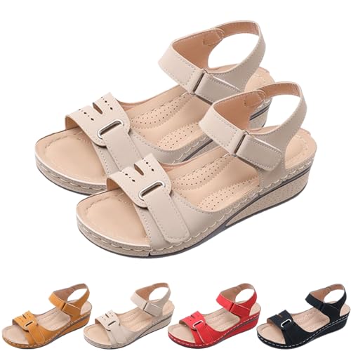 2025 New Soft & Stylish Wedge Sandals Leather Orthopedic Walking Platform Sandals Women Wide Wedge, Casual Open Toe Wide Width Orthopedic Arch Support Sandal (Beige,35) von SQYZRZ