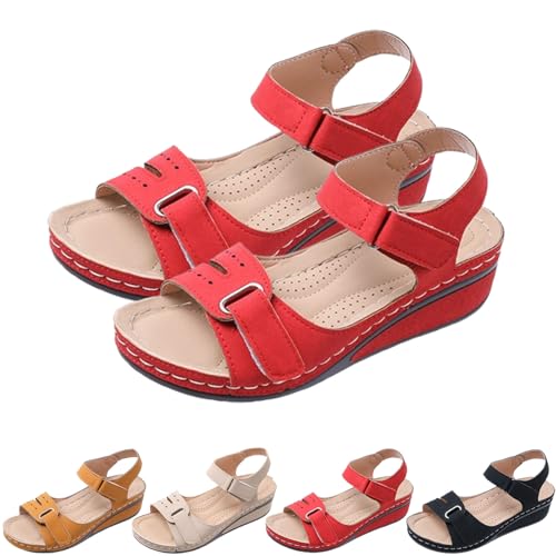 2025 New Soft & Stylish Wedge Sandals Leather Orthopedic Walking Platform Sandals Women Wide Wedge, Casual Open Toe Wide Width Orthopedic Arch Support Sandal (Red,40) von SQYZRZ