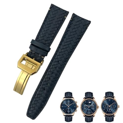 SRDRK 22 mm 20 mm 21 mm gewebtes Rindsleder-Uhrenarmband, passend für IWC Portugieser Fliegeruhren Portofino IW5007, blaues Uhrenarmband aus weichem Leder(Blue gold 1,21mm) von SRDRK