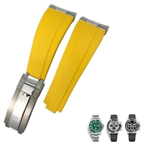 SRDRK Metallglieder-Gummiarmband mit gebogenem Ende, 20 mm, Sportarmband für Rolex Daytona GMT-Uhr, Yacht Master, Submariner, modischer grüner Gürtel(Yellow,21mm) von SRDRK