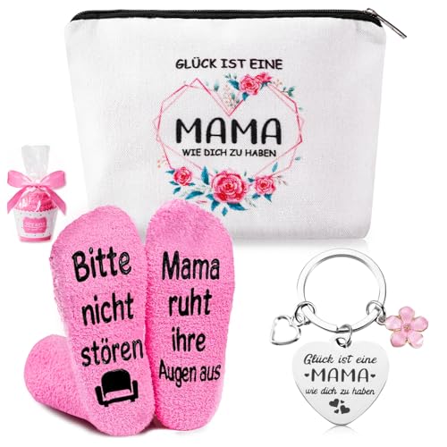 SREBIWO 3 Stück Set Geschenke für Mama Socken Lustige Muttertagsgeschenk für Mama Mutter inklusive Kosmetiktasche Schlüsselanhänger Mama Geburtstagsgeschenk für Mama Beste Mama Geschenk Muttertag von SREBIWO
