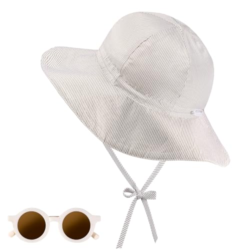 SREBIWO Baby Sonnenhut und Sonnenbrille, 52 cm Sommerhut Kleinkind Unisex mit Verstellbarem Bindebändern und Breite Krempe Verstellbarer Faltbare Baumwolle Atmungsaktiver Strandhut von SREBIWO