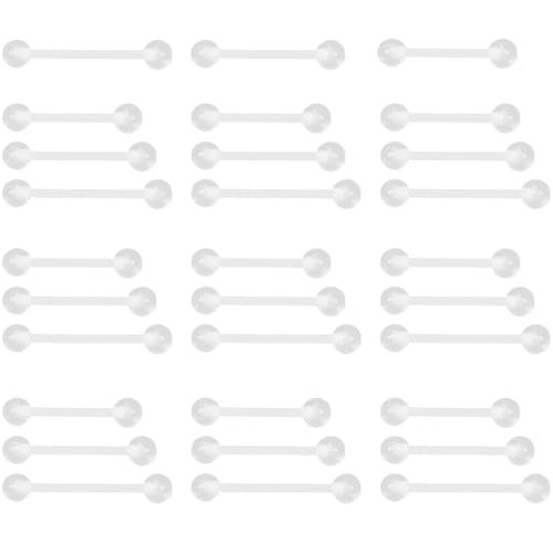 Clear Zungenpiercing Set für Damen Herren 14 G Acryl Nippelpiercing Kunststoff Barbell Piercing Brustwarzenpiercing Bauchnabelpiercing Kit Helix Piercings Retainer Bar Schmuck 30 stk Size 14-19 MM von SREFGAS