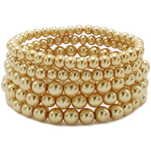 Gold Faux Perlen Armband Set für Damen Frauen Women Strecken Armbänder Schmuck Faux Pearl Beaded Stretch Bracelets 5 stk Size 6-8 MM von SREFGAS