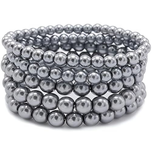 Grau Faux Perlen Armband Set für Damen Frauen Women Strecken Armbänder Schmuck Faux Pearl Beaded Stretch Bracelets 5 stk Size 6-8 MM von SREFGAS