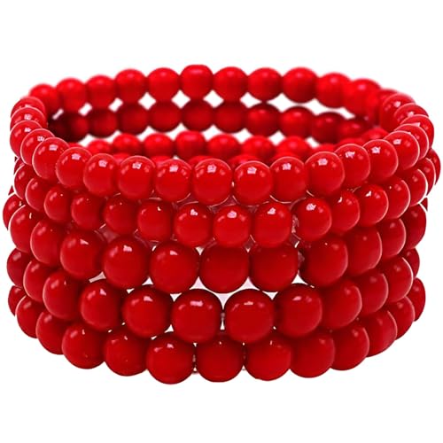 Rot Faux Perlen Armband Set für Damen Frauen Women Strecken Armbänder Schmuck Faux Pearl Beaded Stretch Bracelets 5 stk Size 6-8 MM von SREFGAS