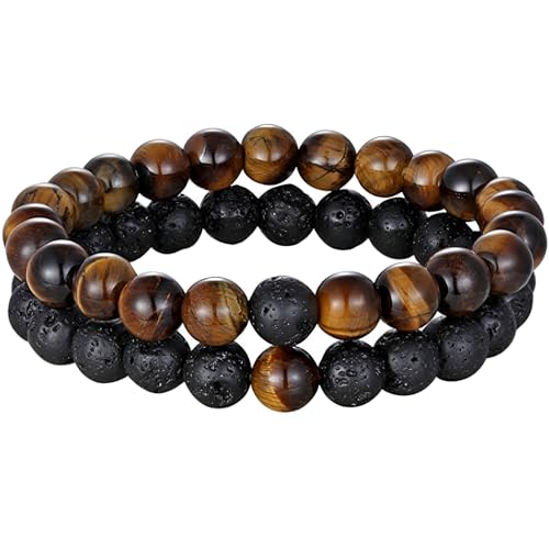 SREFGAS Braun Schwarz Armband Set für Damen Herren 0 G Lavagestein Tigerauge Echte Steine Armband Edelstein Armbänder Beaded Bracelets 2 stk SREFGAS Braun Schwarz Armband Set für Damen Herren 0 G Lavagestein Tigerauge Echte Steine Armband Edelstein Armbänder Beaded Bracelets 2 stk von SREFGAS