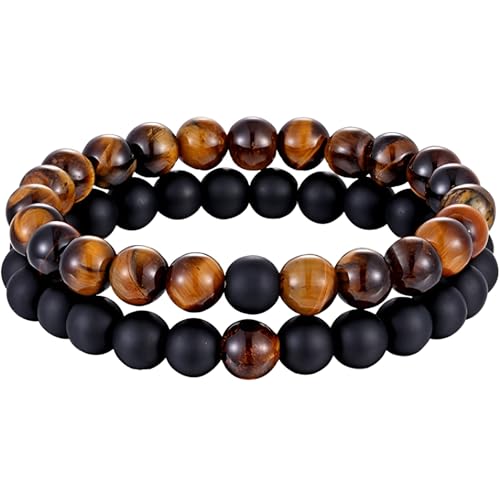 SREFGAS Braun Schwarz Armband Set für Damen Herren 0 G Mattes Steine Tigerauge Echte Steine Armband Edelstein Armbänder Beaded Bracelets 2 stk von SREFGAS