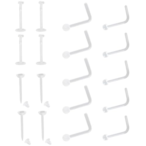 SREFGAS Clear Mix Retainers Set für Damen Herren Acryl Lippenpiercing Nasenpiercing Zungenpiercing Kunststoff Labret Piercing Plastik Nostril Nasenringe Klar Ohrpiercing 18 stk mit Ohrringverschlüsse von SREFGAS
