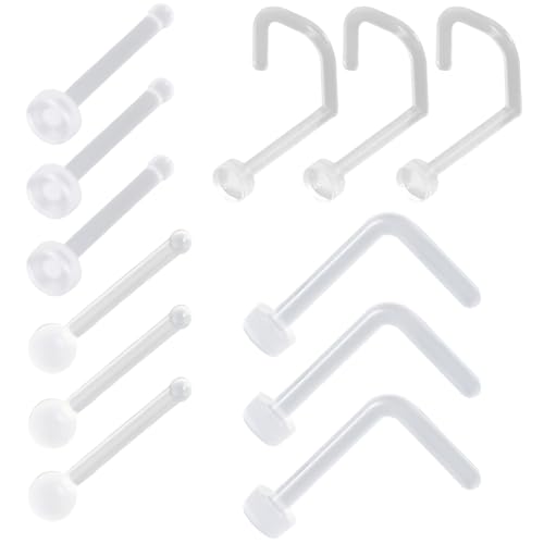 SREFGAS Clear Piercing Retainer 0.8 mm(20 g) Transparent Nasen Septum Ringe Set Acryl Steckter Schmuck Kit Kunststoff Studs Rings Nasenpiercing Septumschmuck für Arbeit Chirurgie Damen Herren 12 stk von SREFGAS