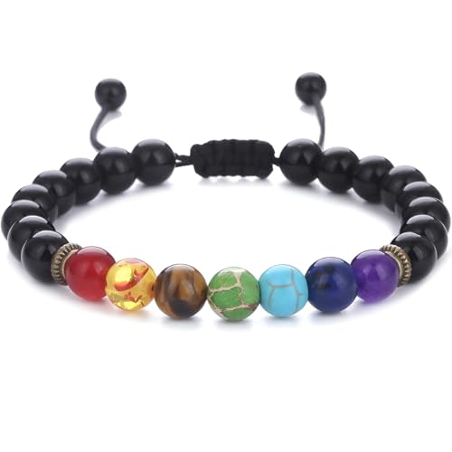 SREFGAS Onyx Chakra Armband für Damen Herren 0 G Schwarz Agate Echte Steine Natürliche Heilsteine Armband Regenbogen Armbänder Natural Stones Beaded Bracelet 1 stk von SREFGAS